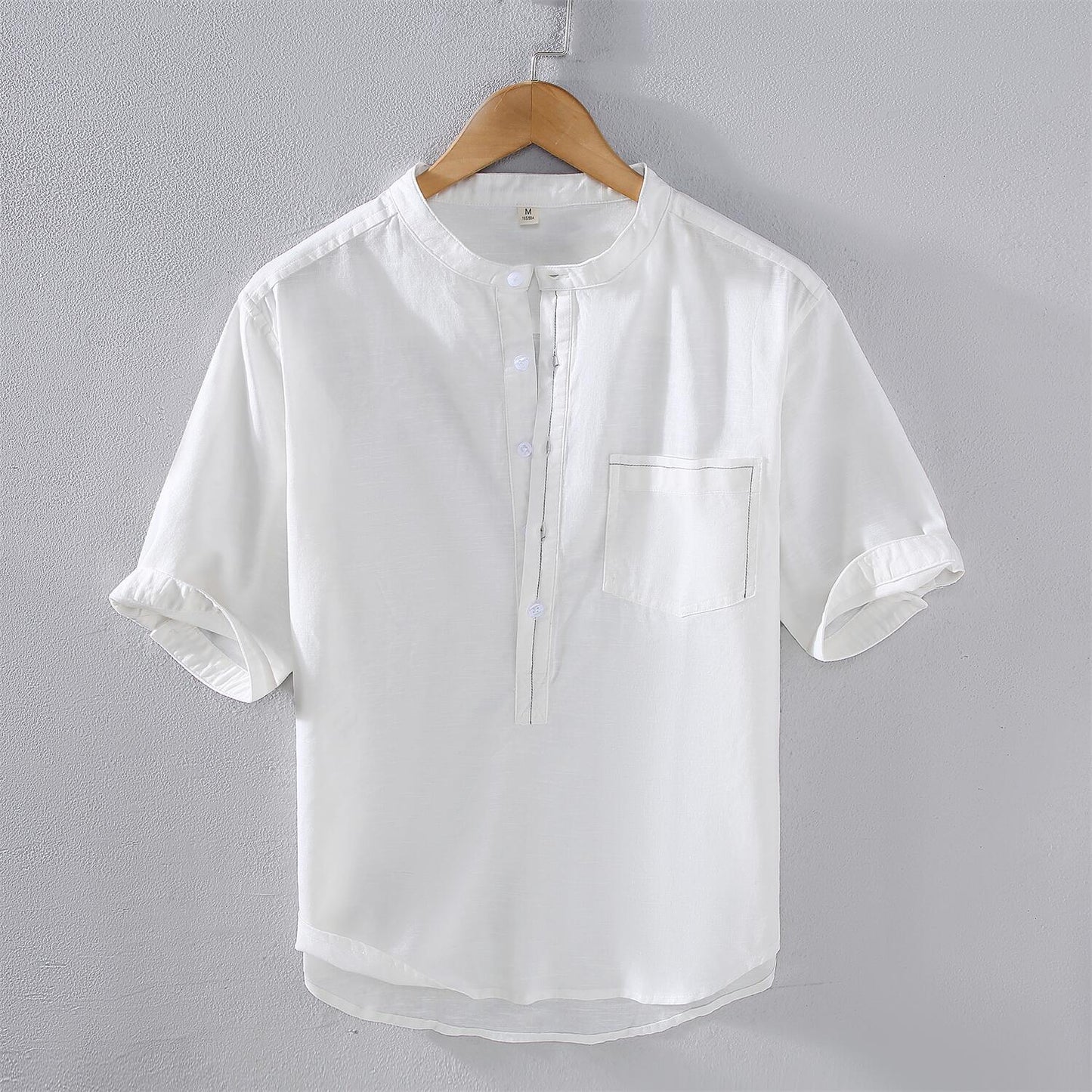 Vintage Stand Collar Linen Shirt - Mid Sleeve