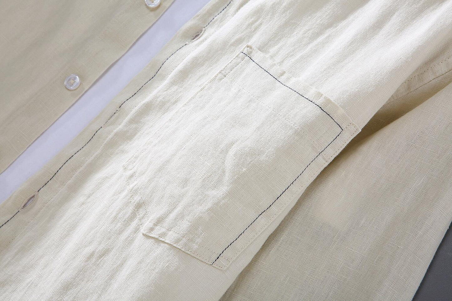 Pure Linen Long Sleeve Shirt - Stand Collar, Loose Fit