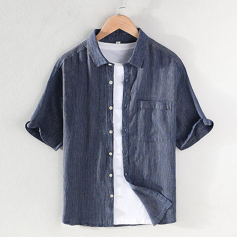 Striped Short Sleeve Shirt - Square Collar, Cotton Linen